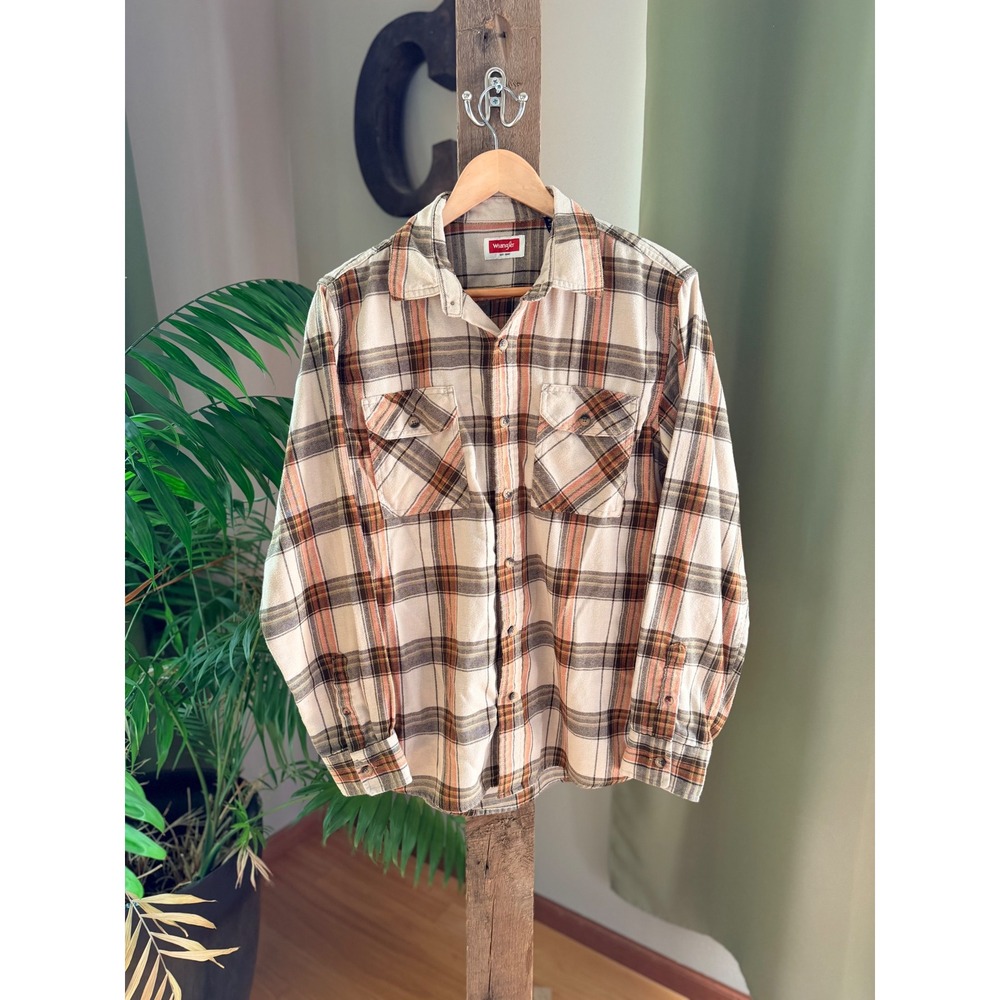 Wrangler Mens Plaid Flannel Shirt Long Sleeve Button Down Cream Brown Orange M
